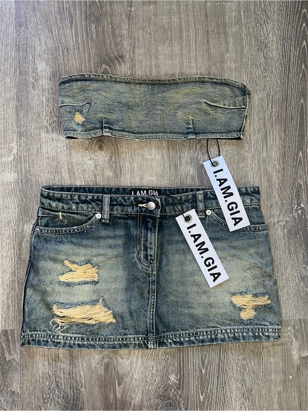 I.AM.GIA Distressed Denim Skirt Set in Faded Blue - Picture 1 of 5
